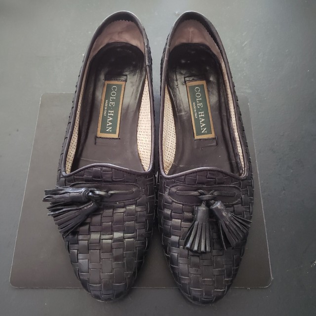 COLE HAAN Women Shoes Woven Leather Tassel Loafer Italy Made Black Size