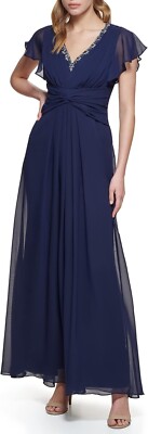 NWT Eliza J Dress, Flutter Sleeve, Beaded V Neck, Navy, Size 10