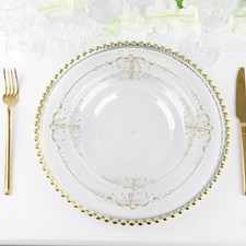 10 CLEAR GOLD 8" Round Plastic Salad Dinner PLATES Embossed Baroque Rim Party