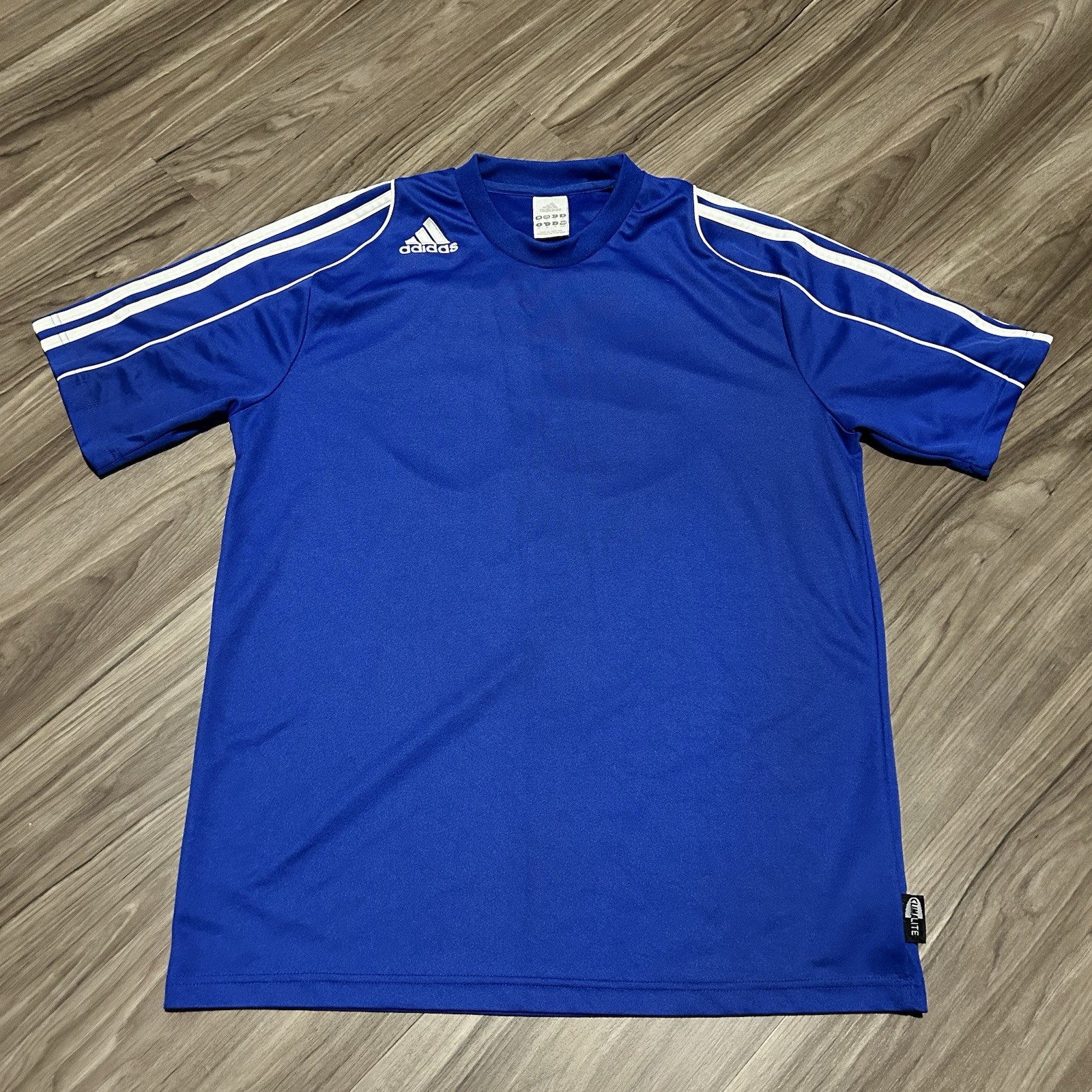 Vintage Y2K Adidas Soccer Jersey Shirt Blue Medium Striped Shoulders