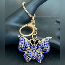 BAG CHARM Gold Tone Crystal Butterfly Keychain in Blue NWT