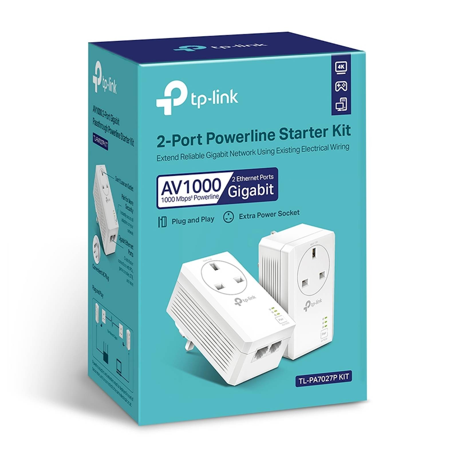 TP-LINK AV1000 GB Powerline Adapter Kit, 2-Port, AC Pass Through - (TL-PA7027P K