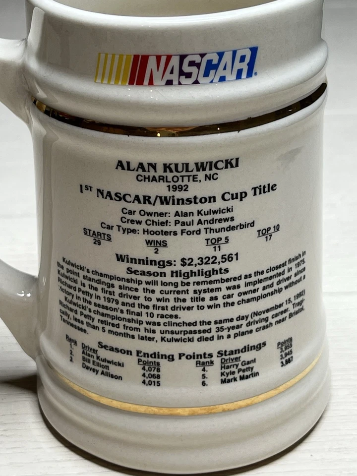 Vintage 1992 Alan Kulwiki 1st NASCAR / Winston Cup Champion Ceramic Stein - Image 3 of 4