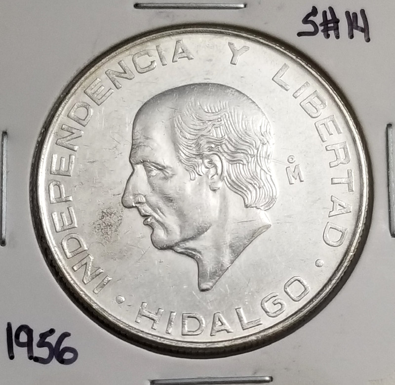Mexico Cinco Pesos Hidalgo 1956 .720 Coin Silver, 5 Pesos Plata .720.