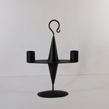 OLD & PRIMITIVE Style -Black Wrought Iron DOUBLE CANDLE HOLDER LAMP 