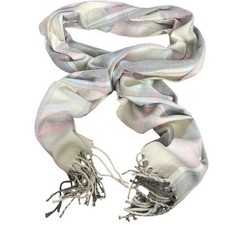 100 Pure Cashmere Made in Scotland Plaid Womens Fringe Pink Gray Scarf 68x12"