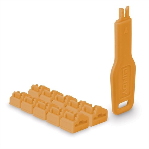 LINDY RJ45 Port Locks (10 Pieces) with Key, Orange