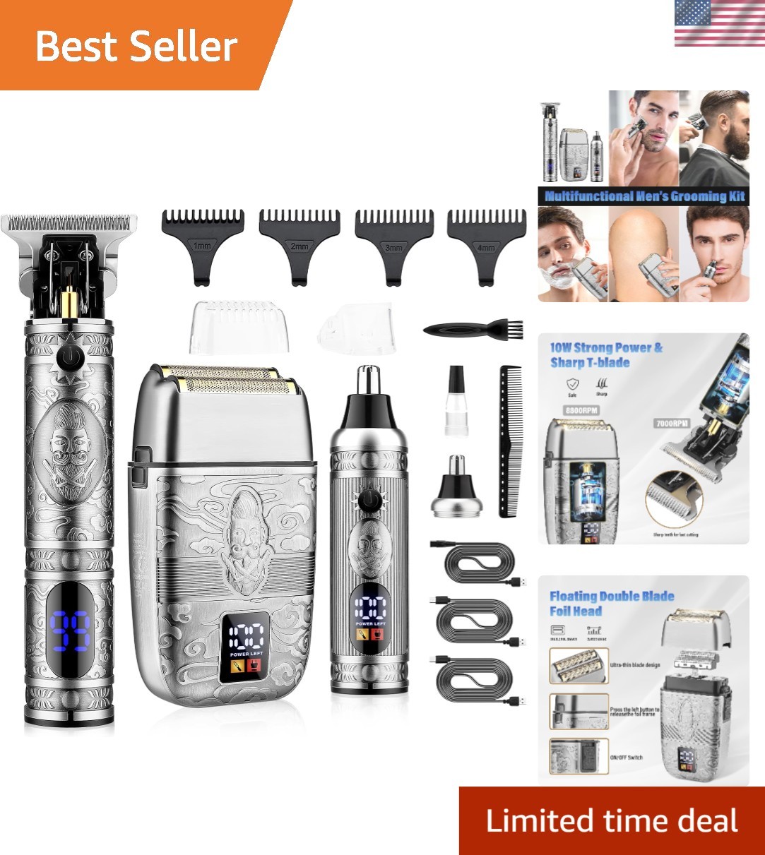 Smart LED Display Hair Trimmer Kit: Cordless Clippers & Nose