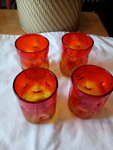 Amberina Blenko Glass Tumblers Vibrant Color Crackle Hand blown