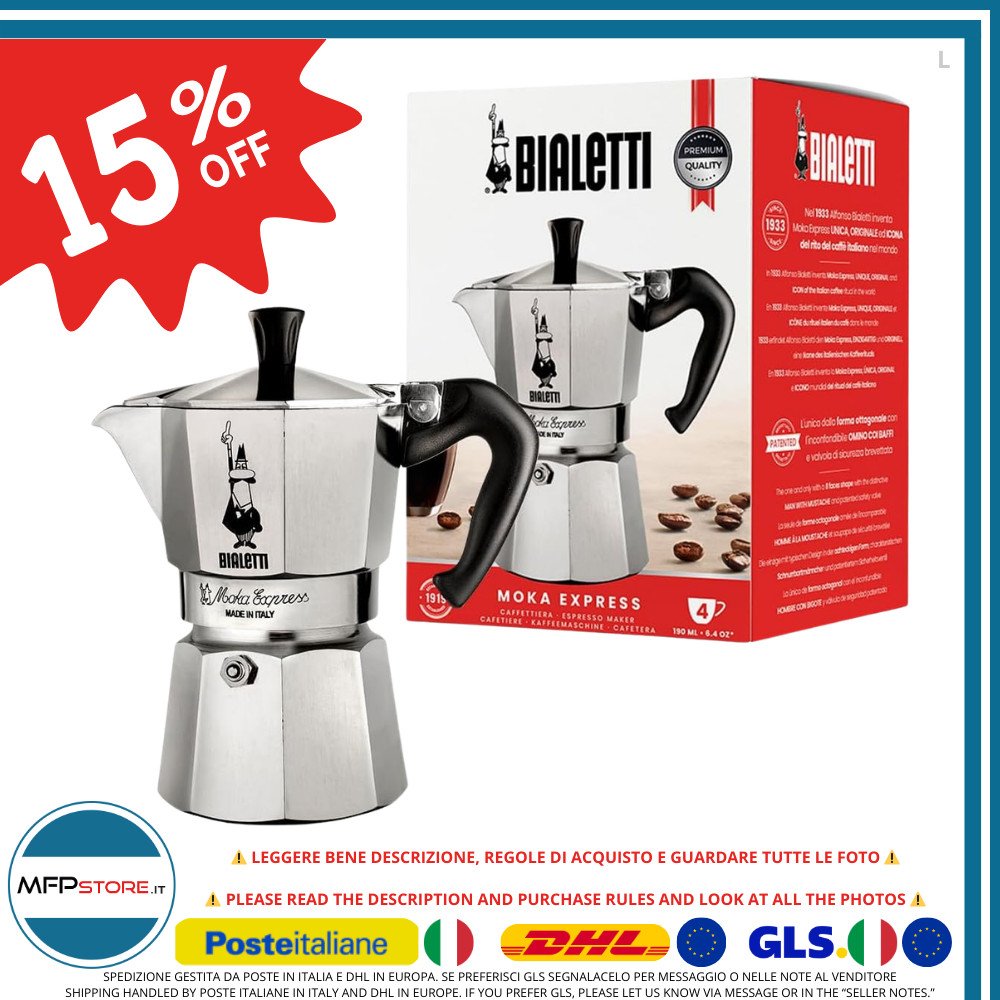 Cafetera Moka Express Bialetti 4 Tazas (190Ml), No Apta Para Inducción