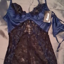 Frederick's of Hollywood Blue/Black Satin Lace Chemise Slip, Sleeveless Sz S NWT