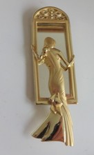 Vintage Signed AJC Pin Brooch Brushed Gold Lady In Mirror Vanity 3" 1980s