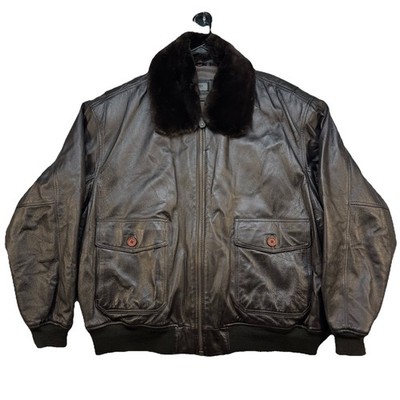 XLD Vintage Leather Bomber Jacket Men s 2XL Brown Aviator Removable Fur Collar