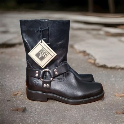 Small FRYE Black Leather Moto Biker Boots Boys Size 2 Harness Pull On Punk Rock