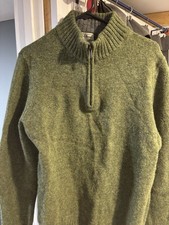LL Bean Shetland Wool 1/4 Zip Sweater Mens Size M GreenSpeckled Knit Elbow Patch