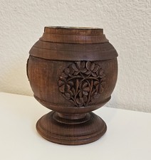 Vtg Hand Carved Wood Vase With Metal Insert