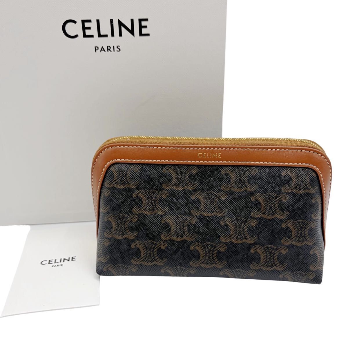 CELINE Bag: Small Cosmetic Pouch Triomphe Brown W15H9.5D8cm w/o