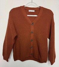 Zara Boys 9-10 Waffle Knit Cardigan Sweater Rust Orange V-Neck Button Front