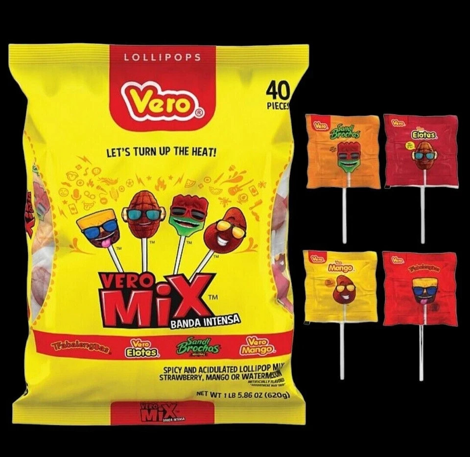 Vero Mix Banda Intensa 40-Count Lollipops – Spicy Chili Mexican Candy, Assorted Flavors