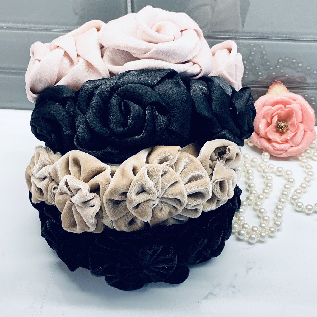 Black velvet rose headband Velvet Rose -Black - Velvet rose vine headband on padded  main image 3