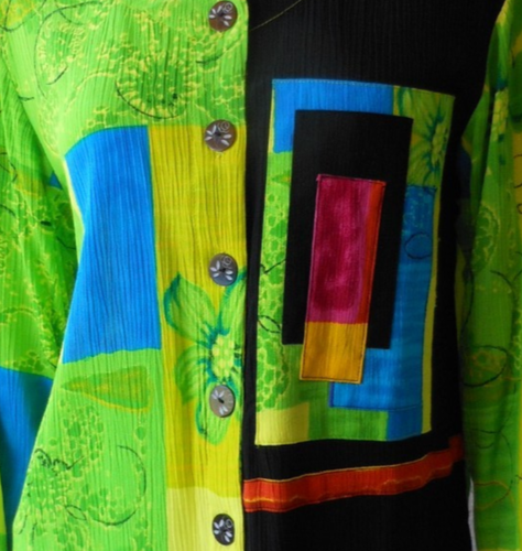 Key Lime Pie Crinkle Rayon Top Short Jacket Size M Wearable Art Boho Patchwork - Picture 7 of 8