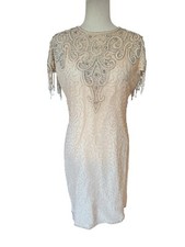 Vtg Dress Silk Flapper Fringe Pink Heavily Beaded Cocktail Gatsby Party Large