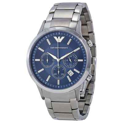 Emporio Armani AR5860 Herren Silber & Blau Edelstahl Chrono Uhr + Geschenktüte