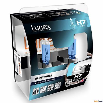 2x H7 Lunex Blue White 55W 12V Car Headlamps PX26d Hard Case 3700K Twin Pack