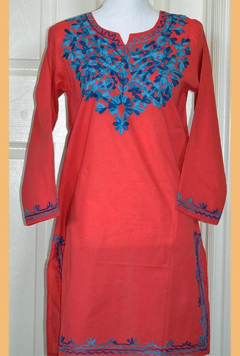 ¡Túnica Top Kurti Kurti Bordada Color Rojo Largo Algodón de la India!¡! - Imagen 1 de 5