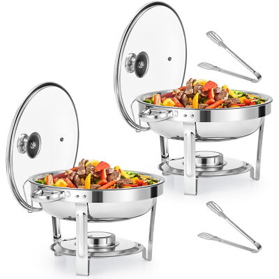WILPREP Chafing Dish Set 2 Pack 5qt Round Glass-Lid Food Warmers Buffet Chafers