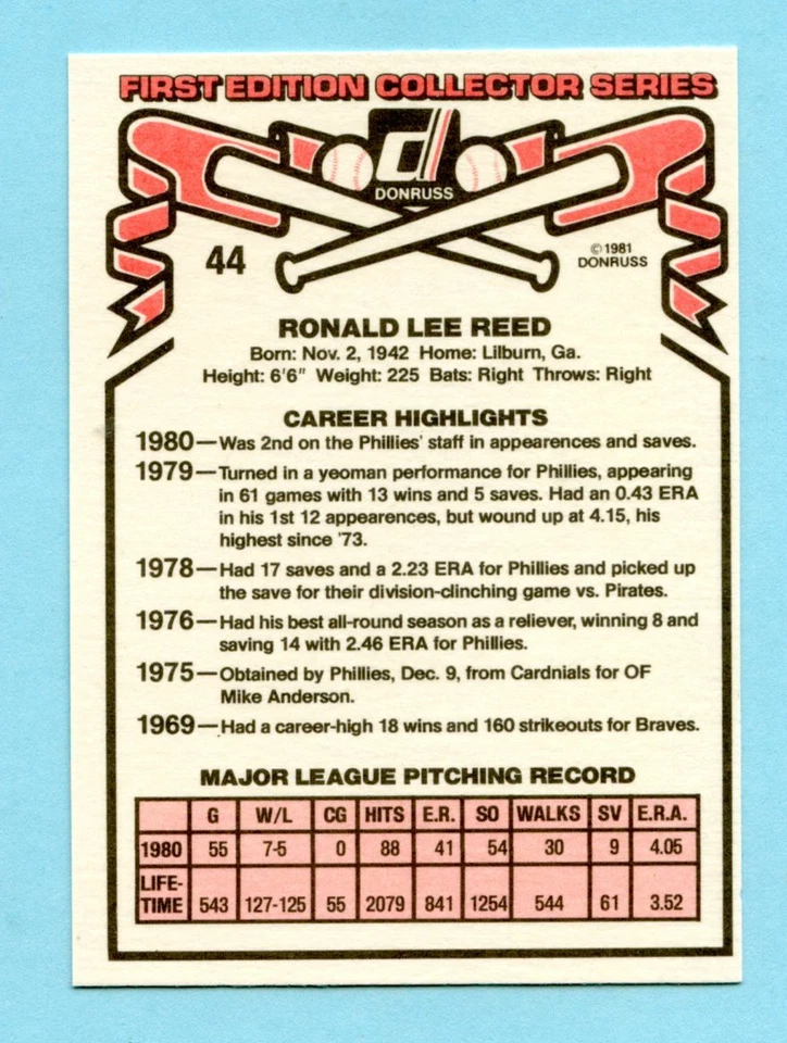 1981 Donruss Wrong Back Card -- Del Unser Front / Ron Reed back - Image 2 of 2