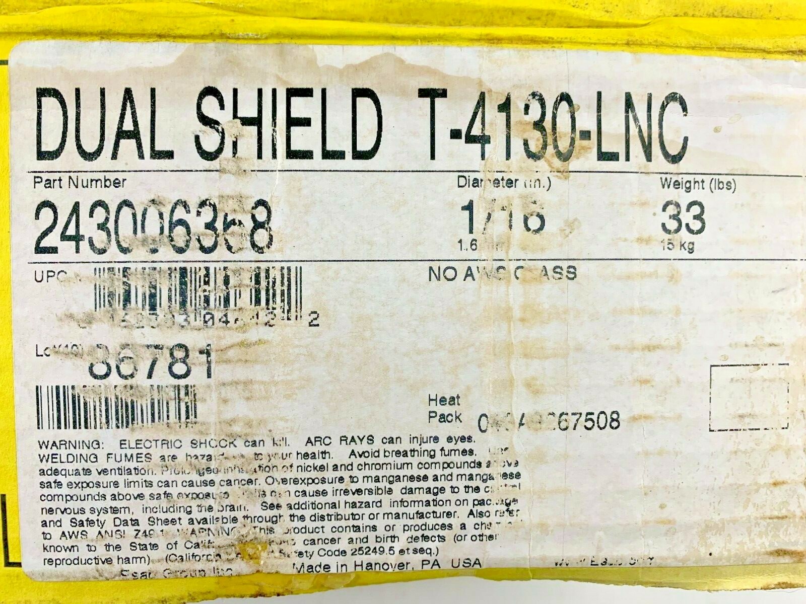 ESAB DUAL SHIELD WELDING WIRE, T4130LNC, 243006368, 1/16" DIA., 33