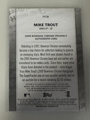 2021Topps Bowman Chrome Mike Trout Auto Reprint Through The Years Angels TTY28 - Picture 2 of 2