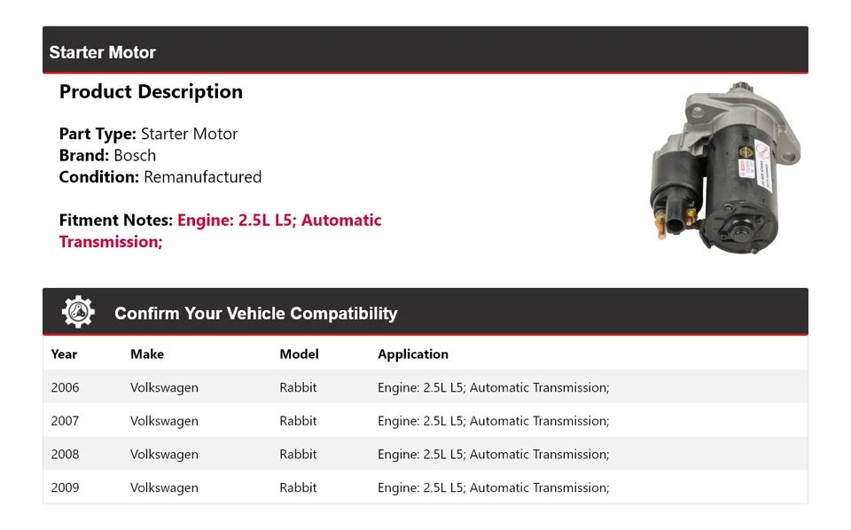 适用于 2006 - 2009 年大众兔 2.5 升 L5 博世入门(重新制造)2007 2008 — 第 2/4 张图片