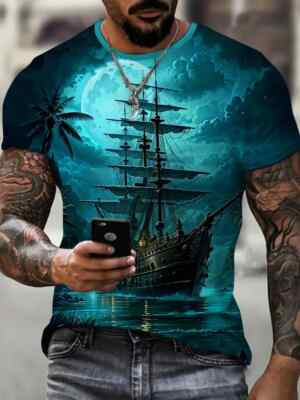 Men's 3D Digital Sailboat And Moon Pattern Print T-shirt With Crew Neck