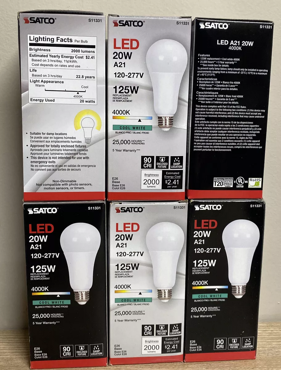 Case Of 6 Satco 20W A21 LED 120 277V NON DIMMABLE 4000K Cool