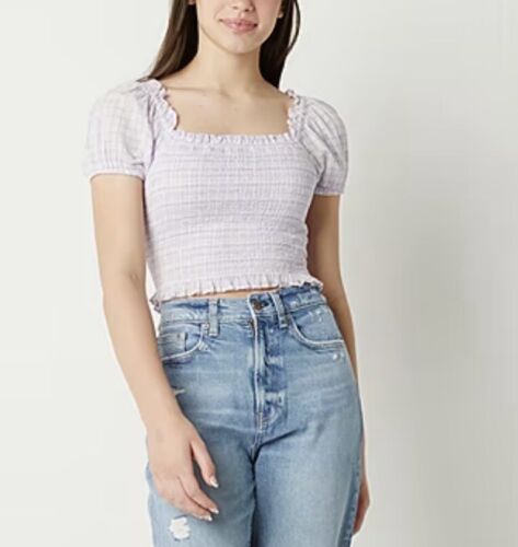 NWT Arizona Juniors/Women's L Purple Plaid Square Neck Short Sleeve Peasant Top