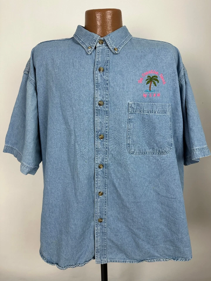 Vintage 90s Denim Shirt Men 2XL Embroidered Creative Touch Palm Tree Button Down — 第 2/4 张图片