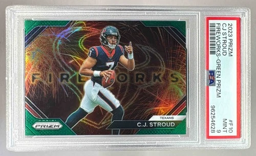 96254628 C.J. Stroud 2023 Panini Prizm #F-10 Green Fireworks RC PSA 9