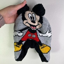 Disney Mickey Mouse Kids Gray Knit Beanie Ear Flap Hat with Pom Poms One Size