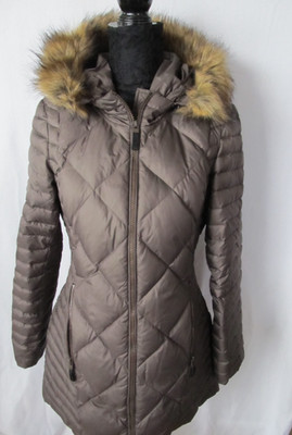 Marc NY by Andrew Marc Women's Mercer Long Chevron Down Coat with Fur Trim, Med.