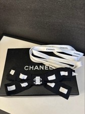 Chanel Logo Ribbon Barrette Black White Fabric Clear Coco Hair Accessory w/Box
