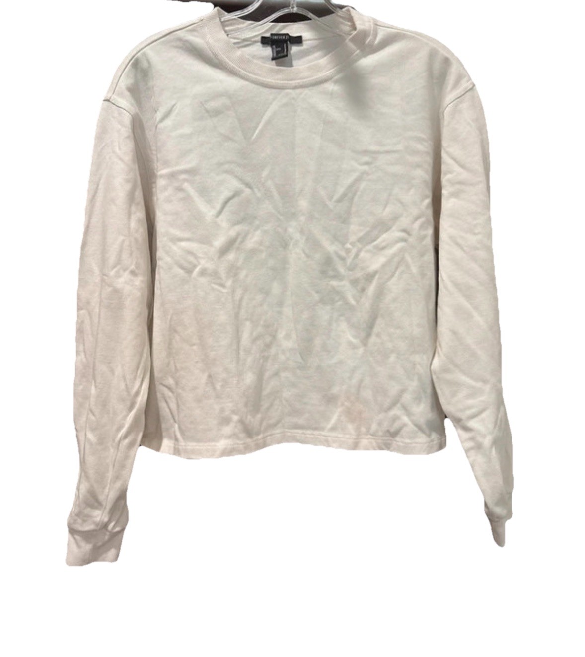 FOREVER 21 White Cotton Solid Crew Neck Long Sleeve Knit Pullover T-Shirt Size S