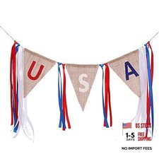 4th of July Decoration USA Burlap Banner with Tassels, US Blue,Red,White