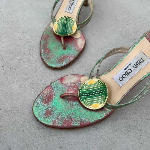 Jimmy Choo | Pink and Green Metallic and Rhinestone Flip Flop Mules (36.5) - Picture 11 of 11