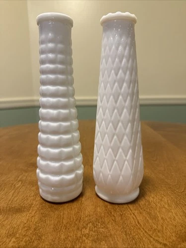 2 Vintage E.O. Brody Co. White Milk Glass Quilted Diamond Square Bud Vases 8.5”