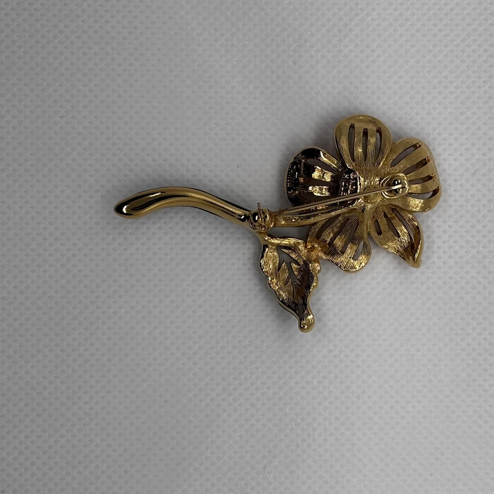 Vintage Nolan Miller Flower Brooch Pin Gold Tone Enamel Rhinestone Crystal Box - Image 3 of 4
