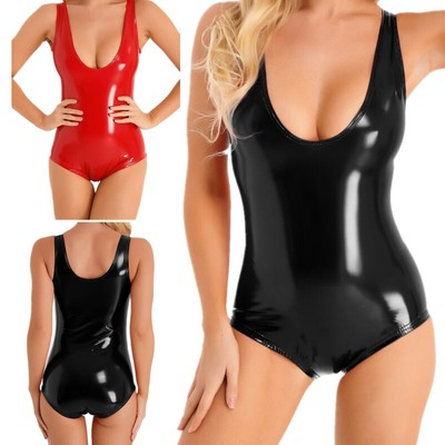 Women Wet Look PVC Leather Bodysuit Metallic Latex Catsuit Lingerie Clubwear
