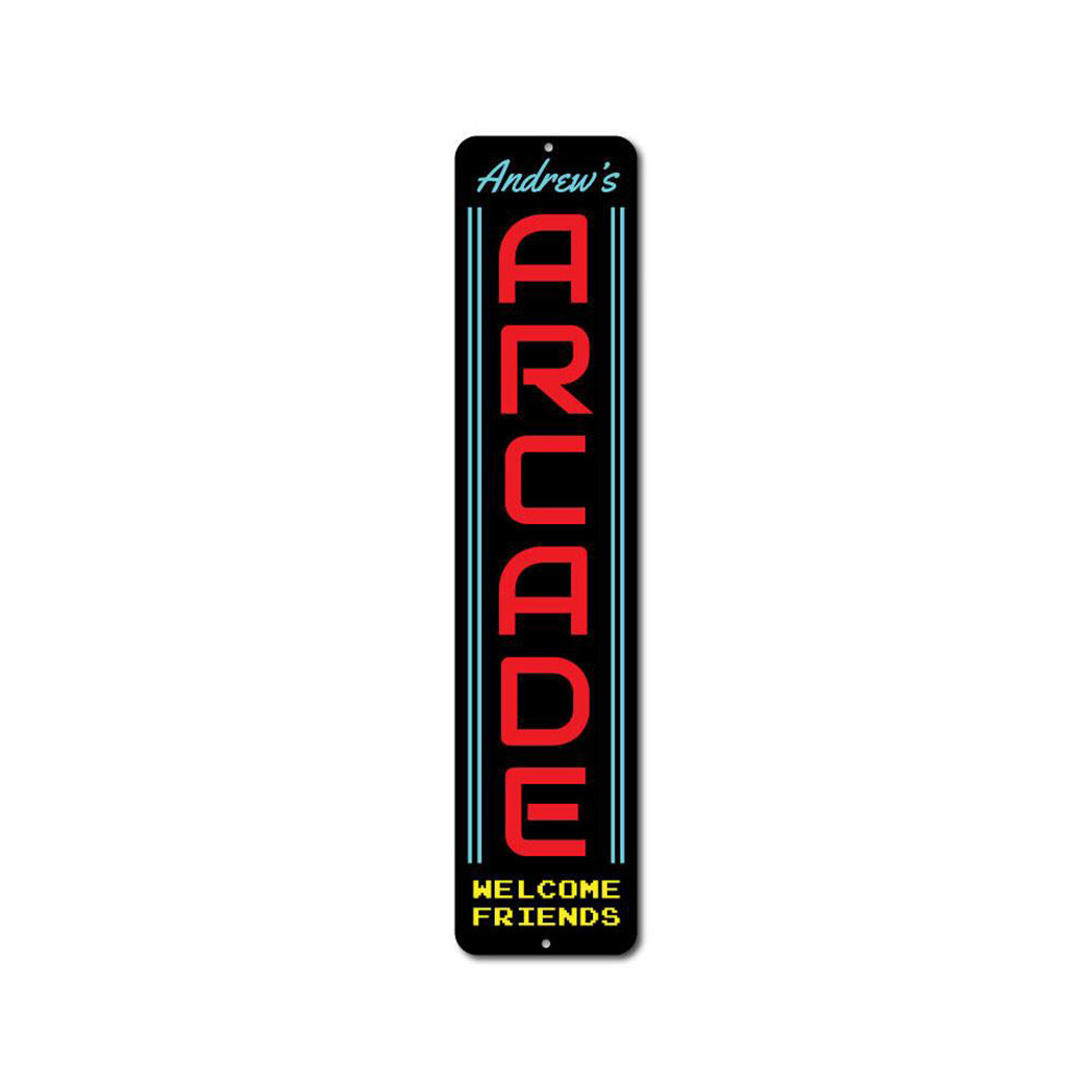 Arcade Vertical Sign, Personalized Welcome Friends Child Name Metal Decor Sign