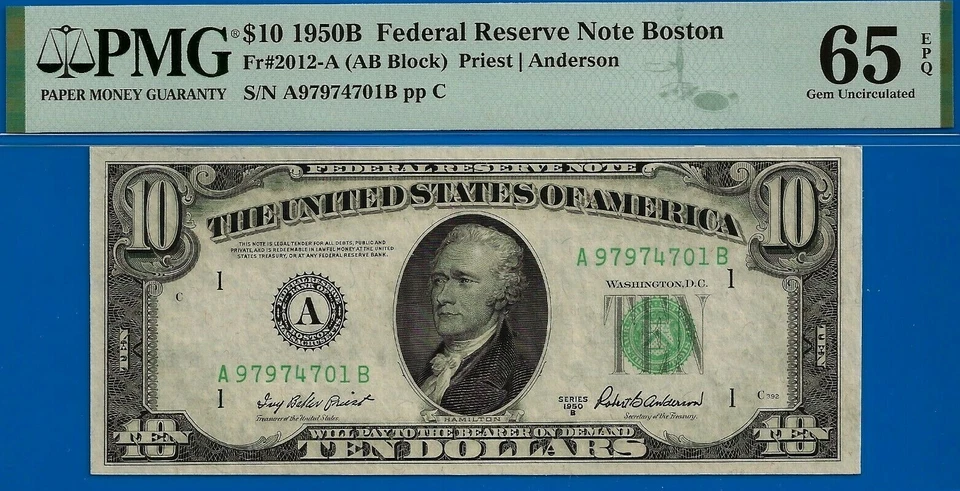 1950B $10 Federal Reserve Note PMG 65EPQ 2nd finest Boston AB Block Fr 2012-A - Image 3 of 4